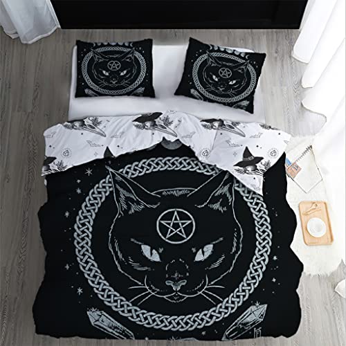 Bettwäsche 140x200 Pentagramm Bettbezug 2er Set, Magische Katzen Hexe Mikrofaser WendeBettwäsche mit Reißverschluss - Weich & Angenehm & Atmungsaktiv, 1 KopfKissenbezug 70x90 cm von WQIZXCW