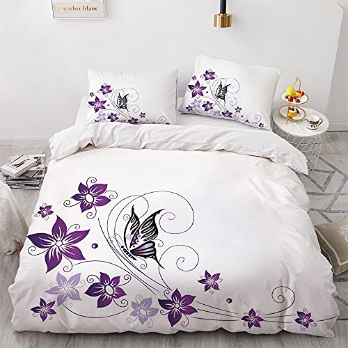 WQIZXCW Bettbezug 135 x 200 Lila Blumen & Schmetterlinge Bettwäsche Set 2 Teilig - Super Weich Bettbezüge und Kissenbezug mit Reißverschluss von WQIZXCW