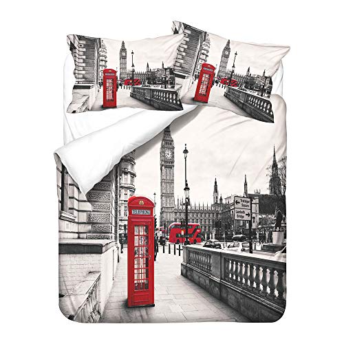 WQIZXCW London Bettwäsche 140x200, Stadt Bettbezug Set 2 Teilig - 110gsm Weiche Microfaser Bettbezüge mit Reißverschluss und 1 Kissenbezug 70x90 cm von WQIZXCW