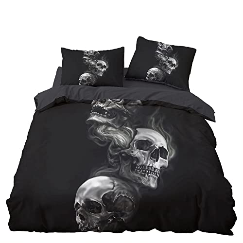 Totenkopf Bettwäsche 135x200, Gothic Schwarz Microfaser Bettbezug Set 2 Teilig - Weich & Angenehm & Atmungsaktiv, 1 Bettbezüge mit Reißverschluss + 1 Kissenbezug 80x80 cm von WQIZXCW