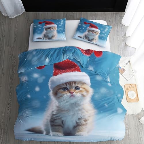 WQIZXCW Weihnachts Katzen Bettwäsche 140x200, Weihnachten Katzenmotiv Wendebettwäsche, 110gsm Microfaser Bettbezug Set 2 Teilig, Weich & Kuschelig & Bügelfrei, 1 Kissenbezug 70x90, mit Reißverschluss von WQIZXCW
