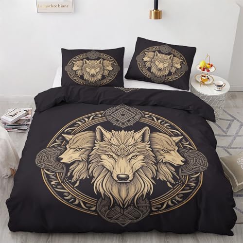 WQIZXCW Wikinger Bettwäsche 155x200 - Viking Wolf Motiv, Weiche und Angenehme Microfaser Bettbezug Set 2 Teilig, 1 Kissenbezug 80x80, mit Reißverschluss, Wendebettwäsche & Zimmer Deko von WQIZXCW