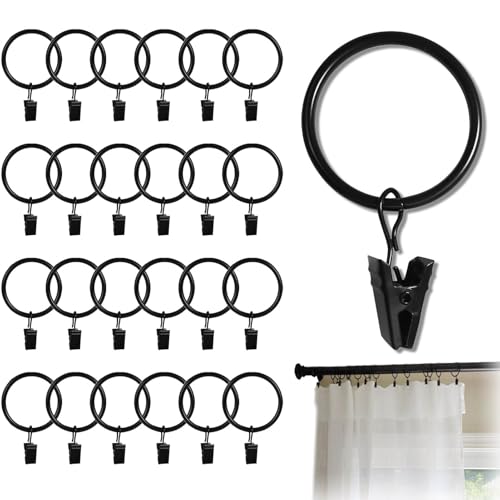 25 Stück Gardinenringe mit Clips,Metall Vorhangringe mit Clips,Curtain Rings 32mm Innendurchmesser,Vorhang Clips,Gardinenringe zum Öffnen für Fenster Tür Duschvorhänge Wäscheleine (Schwarz) von WQNNQW