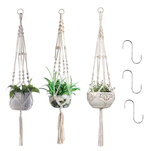 WQNNQW Makramee Blumenampel, 3 Stück 105 cm Blumenampel Hängend Innen,Blumenampelmakramee,Baumwollseil Hängetopf mit Haken für Innen Außen Decken Balkone Garten Wanddekoration von WQNNQW