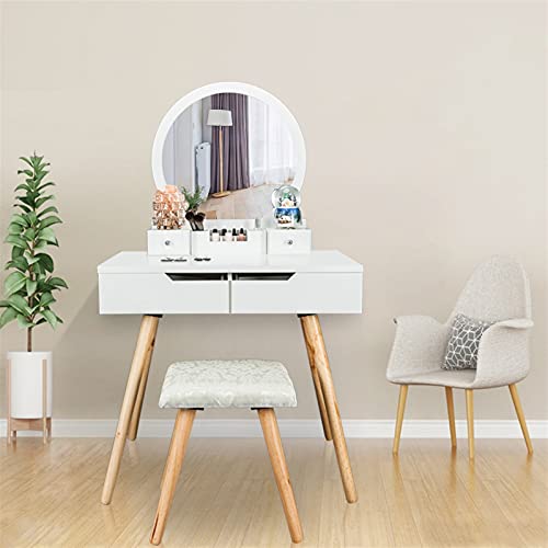 WQQYU6HKF Schminktische Holzkleider-Dressing-Tisch mit einzelnen runden Spiegel 4 Schubladen und Hocker, weiß, 80x40x74cm Kosmetiktisch von WQQYU6HKF