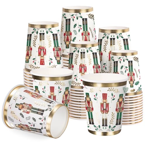 WRAPAHOLIC 50 Stück Weihnachtspappbecher – 266 ml Nussknacker und Blätter, Einwegbecher, Urlaubsparty-Zubehör für Saft, Kaffee, heiße und kalte Getränke von WRAPAHOLIC