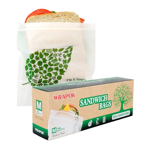 WRAPOK 100 % biologisch abbaubare, wiederverwendbare Sandwichbeutel, kompostierbar, klein, Gefrierbeutel für Schule oder Arbeit, 25 Stück von WRAPOK
