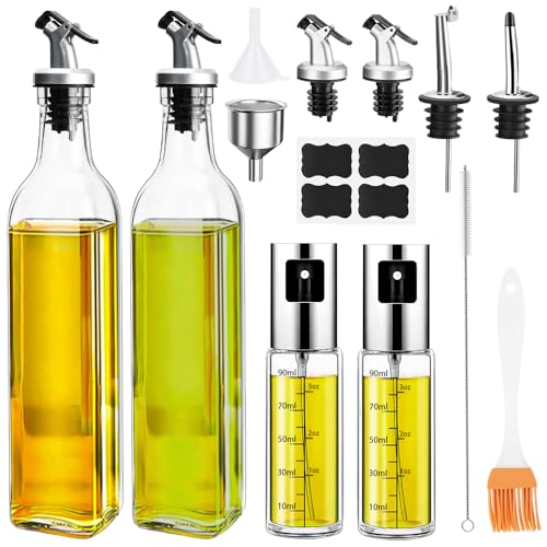 WRENYZK 4 Stück Ölflaschen, 2 Pcs 500ml Olivenöl und Essig Flaschenspender Set, 2 Pcs 100ml Ölsprüher - Ölsprühflaschen mit Trichter, Antifouling-Abdeckung, Olivenöl Flasche Behälter für Küche und BBQ von WRENYZK