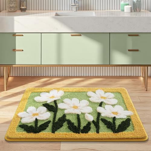 Fußmatte mit Gänseblümchen, weich, rutschfest, grüner Hintergrund, gelber Rand, Blumen-Badematte, ultra-saugfähig, Mikrofaser, zotteliger Teppich, schnell trocknender Bodenteppich für Badezimmer Fußmatte mit Gänseblümchen, weich, rutschfest, grüner Hintergrund, gelber Rand, Blumen-Badematte, ultra-saugfähig, Mikrofaser, zotteliger Teppich, schnell trocknender Bodenteppich für Badezimmer von WREWING