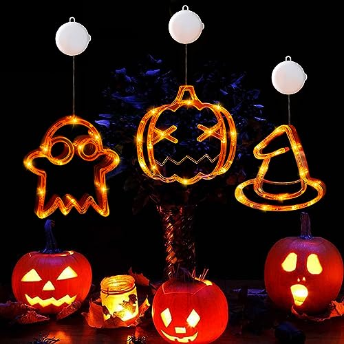 Halloween-Fensterlichter – Kürbis, Geist und Hexenhut, batteriebetriebene Dekoration, Innen-Hängeleuchten mit Saugnäpfen für Zuhause und Party, 3 Stück von WREWING