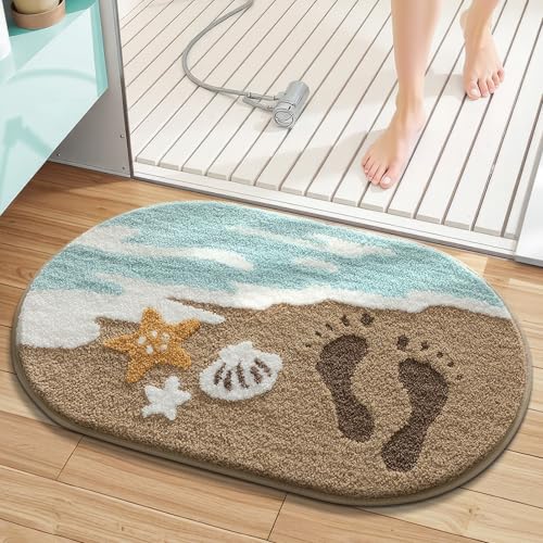 Ultra-Plüsch-Badematte mit Strandmotiv, Wellen-Sandmuscheln, Badezimmerteppiche mit rutschfester Unterseite, saugfähiger Mikrofaser, Seestern-Badteppich, maschinenwaschbar, Küsten-Badematten für von WREWING