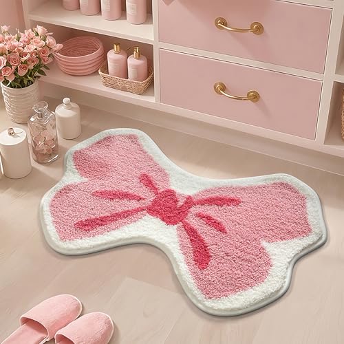 WREWING Badteppiche mit rosa Schleife, ultraweich und rutschfest, saugfähige Mikrofaser, rosa Schleife, maschinenwaschbar, Badematten für Badezimmer, Schlafzimmer, Küche, 50,8 x 78,9 cm (Pink B) von WREWING