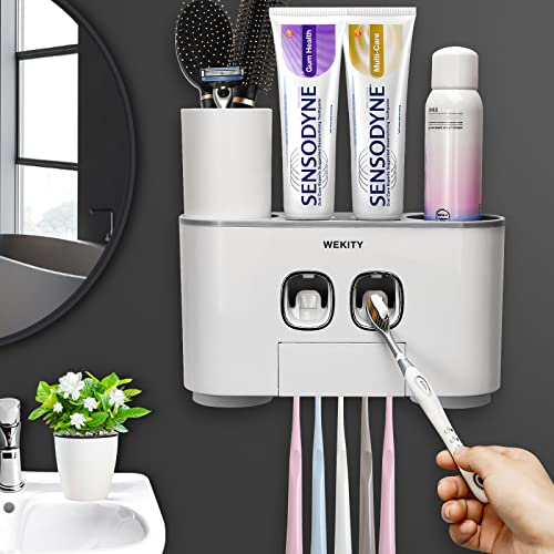 WREWING Soporte para cepillos de dientes multifunción para pared, dispensador de pasta dental automático y soporte para cepillos de dientes a prueba de polvo con 5 ranuras para cepillos, 4 tazas, 2 dispensadores automáticos de pasta dental, 1 ranura de almacenamiento, gris von WREWING