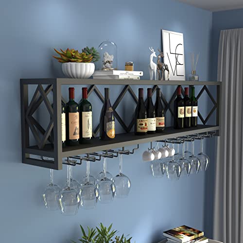 WRHOPR Weinglasregal unter dem Regal, Weinregal aus Metall mit Glashalter, umgedrehter Retro-Stielglas-Kelch-Weinglashalter, schwimmendes Regal für Geschirrflaschen für die Wohnküche von WRHOPR