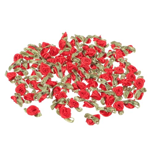 WRITWAA 100 Stück Mini Satinrosen mit Grünen Blättern zum Aufnähen Kleine Stoffblumen Schleifen für DIY Kleidung Dekoration Bastelapplikationen für Hochzeiten Geschenke Handwerk und von WRITWAA