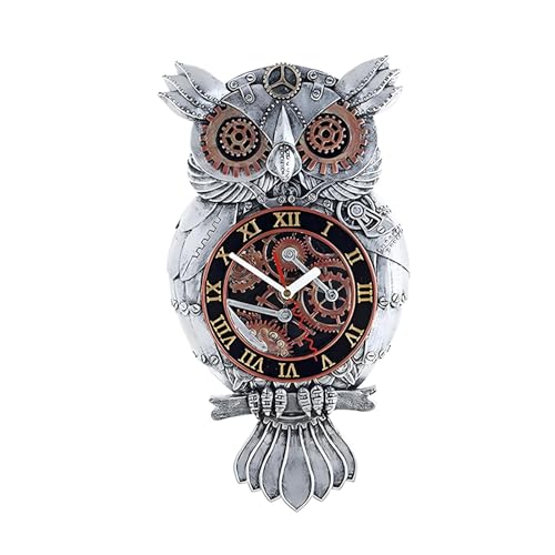 WRJAHCG Wanduhr Steampunk Eule,Eule Zahnräder Wanduhr Dekouhr Kunstharz Wandschnitzerei Batteriebetriebenes,Eulen Pendeluhr Geräuschlos Metall Imitat von WRJAHCG