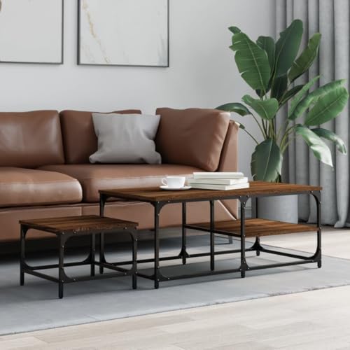 WRJENFSC 2er-Set Couchtisch Beistelltisch Nachttisch Eichenoptik Holzwerkstoff Industriedesign für Wohnzimmer Schlafzimmer Büro von WRJENFSC