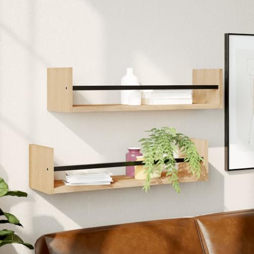 WRJENFSC 2er Set Wandregal Sonoma-Eiche 60x16x14 cm mit Stangen Schwebendes Regal für Effiziente Aufbewahrung und Stilvolle Wanddekoration in Küche Bad Wohnzimmer von WRJENFSC