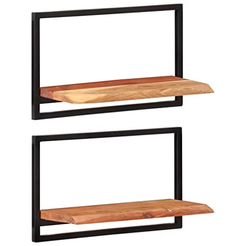 WRJENFSC 2er Set Wandregale Massivholz Akazie mit Stahlrahmen 60x25x35 cm Schwebendes Regal Naturkante Design für Bücherregal Deko in Wohnzimmer Bad Küche von WRJENFSC