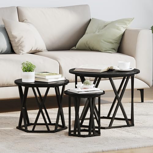 WRJENFSC 3er Set Runder Couchtisch Beistelltisch Schwarz Eiche Holzwerkstoff Matt Modern Robust für Wohnzimmer Büro und Flurbereich WRJENFSC 3er Set Runder Couchtisch Beistelltisch Schwarz Eiche Holzwerkstoff Matt Modern Robust für Wohnzimmer Büro und Flurbereich von WRJENFSC