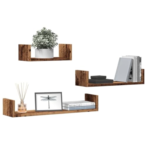 WRJENFSC 3er Set Wandregal Altholz-Optik Holzwerkstoff Schmal für Bücher Deko Küche Bad Wohnzimmer Robust Langlebig von WRJENFSC