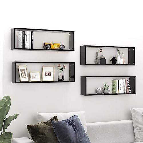 WRJENFSC 4 Stück Würfel Wandregal Schwarz Holzwerkstoff 80x15x26,5 cm Set für Bücher CDs Pflanzen Aufbewahrung in Wohnzimmer Küche Badezimmer Elegantes Design von WRJENFSC