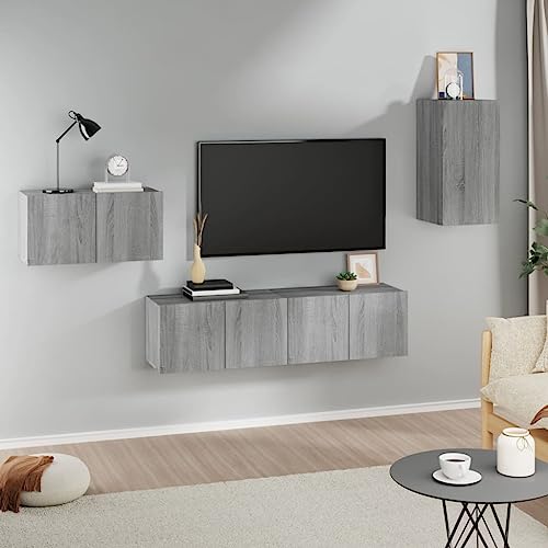 WRJENFSC 4-TLG TV-Schrank-Set Grau Sonoma Holzwerkstoff mit Hängeschrank und viel Stauraum für Wohnzimmer von WRJENFSC