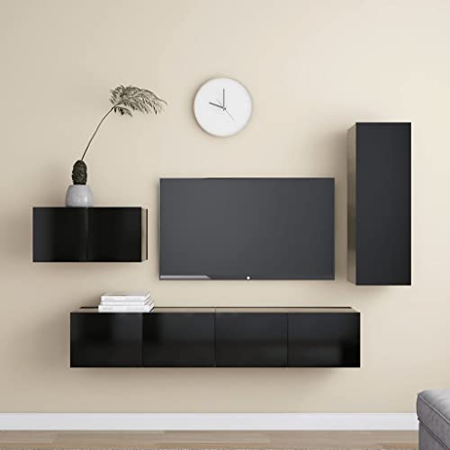 WRJENFSC 4-TLG. TV-Schrank-Set Schwarz Holzwerkstoff Tv Tisch Tv Board Hängend Wohnzimmer Möbel Fernsehtisch Hoch für Flur Schlafzimmer Wohnstube Inneres von WRJENFSC