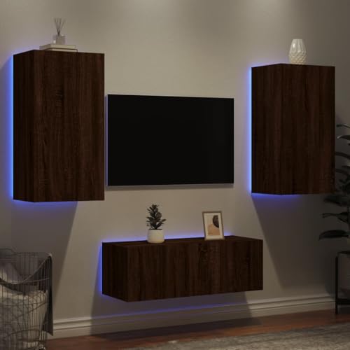 WRJENFSC 4-TLG. Wohnwand mit LED-Beleuchtung Braun Eiche Holzwerkstoff Schränke Tv Schrank Wohnzimmer Möbel Sideboard Tv Lowboard für Schlafzimmer Wohnstube Inneres Flur von WRJENFSC
