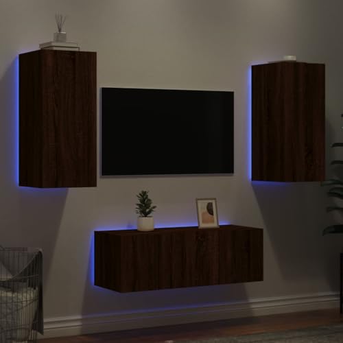 WRJENFSC 4-TLG. Wohnwand mit LED-Beleuchtung Braun Eiche Holzwerkstoff Tv Unterschrank Tv Sideboard Wohnzimmer Tv Ständer Sideboard Tv Lowboard für Wohnstube Flur Schlafzimmer Inneres von WRJENFSC