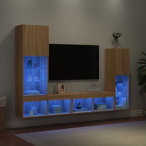 WRJENFSC 4-TLG. Wohnwand mit LED-Beleuchtung Sonoma-Eiche Holzwerkstoff Fernseher Schrank Couchtisch Sideboard Tv Lowboard Fernsehtisch Hoch für Schlafzimmer Flur Wohnstube Inneres von WRJENFSC
