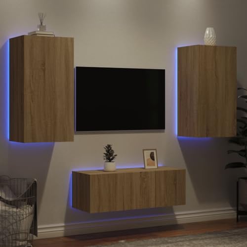WRJENFSC 4-TLG. Wohnwand mit LED-Beleuchtung Sonoma-Eiche Holzwerkstoff Schränke Tv Schrank Wohnzimmer Möbel Sideboard Tv Lowboard für Schlafzimmer Wohnstube Inneres Flur von WRJENFSC