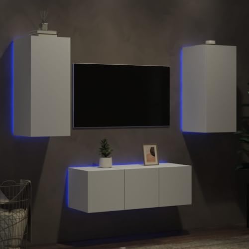 WRJENFSC 4-TLG. Wohnwand mit LED-Beleuchtung Weiß Holzwerkstoff Tv Unterschrank Tv Sideboard Wohnzimmer Tv Ständer Sideboard Tv Lowboard für Wohnstube Flur Schlafzimmer Inneres von WRJENFSC