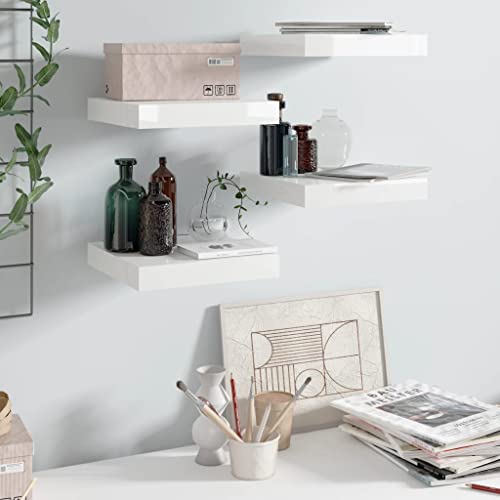 WRJENFSC 4er Set Schweberegal Hochglanz-Weiß 23x23,5x3,8 cm MDF Metall Unsichtbare Montage Wandregal für Wohnzimmer Küche Badezimmer Deko von WRJENFSC
