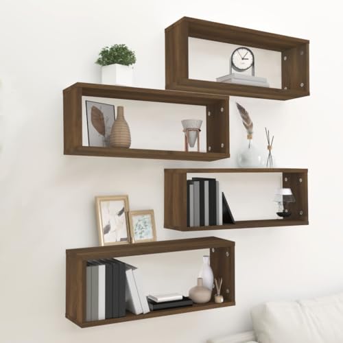 WRJENFSC 4er Set Würfelregal Wandregal aus Holzwerkstoff Braun Eichen-Optik 60x15x23cm Mit Praktischem Design und Viel Stauraum für Bücher CDs Pflanzen im Wohnzimmer Schlafzimmer von WRJENFSC