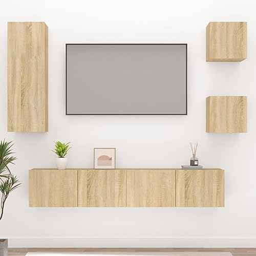WRJENFSC 5-TLG. TV-Schrank-Set Lowboard Sonoma-Eiche Holzwerkstoff Wandmontage mit großzügigem Stauraum für Wohnzimmer Fernsehmöbel von WRJENFSC