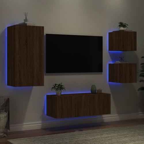 WRJENFSC 5-TLG. Wohnwand mit LED-Beleuchtung Braun Eichen-Optik Tv Cabinet for Living Room Tv Sideboard Wohnzimmer Tv Ständer Fernsehschrank für Wohnstube Inneres Schlafzimmer Flur von WRJENFSC