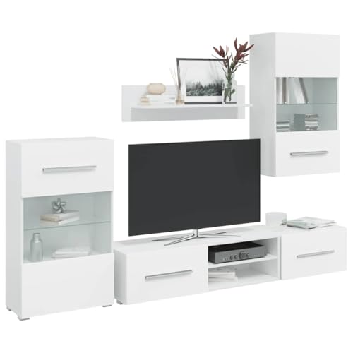 WRJENFSC 5-TLG. Wohnwand mit LED-Beleuchtung Mattweiß Holzwerkstoff Fernseher Ständer Tv Board Hängend Wohnzimmer Möbel Buffetschrank für Flur Schlafzimmer Inneres Wohnstube von WRJENFSC