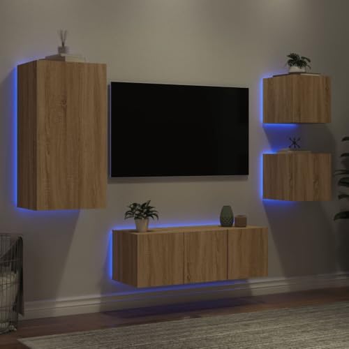 WRJENFSC 5-TLG. Wohnwand mit LED-Beleuchtung Sonoma-Eiche Holzwerkstoff Tv Cabinet for Living Room Tv Sideboard Wohnzimmer Tv Ständer Fernsehschrank für Wohnstube Inneres Schlafzimmer Flur von WRJENFSC