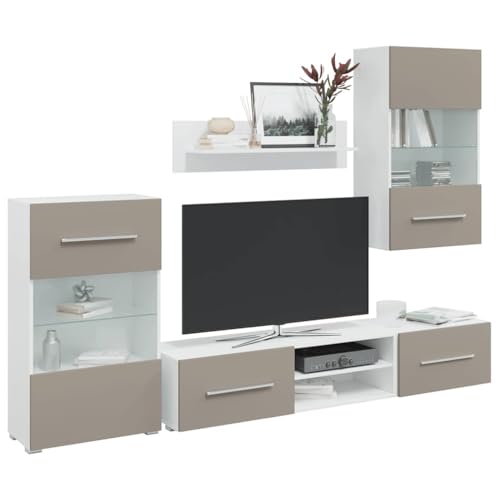 WRJENFSC 5-TLG. Wohnwand mit LED-Beleuchtung Steingrau Holzwerkstoff Fernseher Ständer Tv Board Hängend Wohnzimmer Möbel Buffetschrank für Flur Schlafzimmer Inneres Wohnstube von WRJENFSC