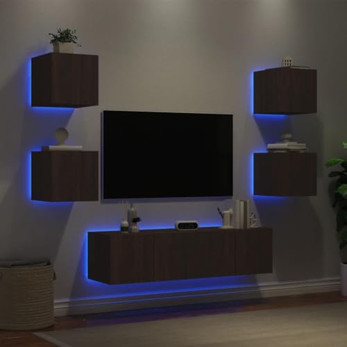 WRJENFSC 6-TLG. Wohnwand mit LED-Beleuchtung Braun Eichen-Optik Fernseher Schrank Tv Sideboard Wohnzimmer Tv Ständer Tv Tisch für Inneres Schlafzimmer Flur Wohnstube von WRJENFSC