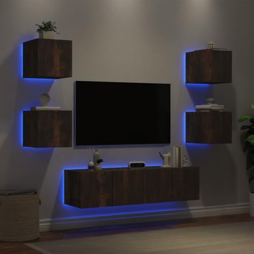 WRJENFSC 6-TLG. Wohnwand mit LED-Beleuchtung Räuchereiche Holzwerkstoff Fernseher Schrank Tv Sideboard Wohnzimmer Tv Ständer Tv Tisch für Inneres Schlafzimmer Flur Wohnstube von WRJENFSC