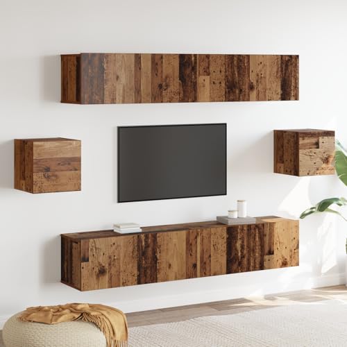WRJENFSC 6-teiliges TV Schrank Set Braun Rechteckig aus Massivholz Altholz Wandmontiert mit Texturierter Oberfläche und 4 Türen Modular Design für Wohnzimmer Stauraum Lösung von WRJENFSC