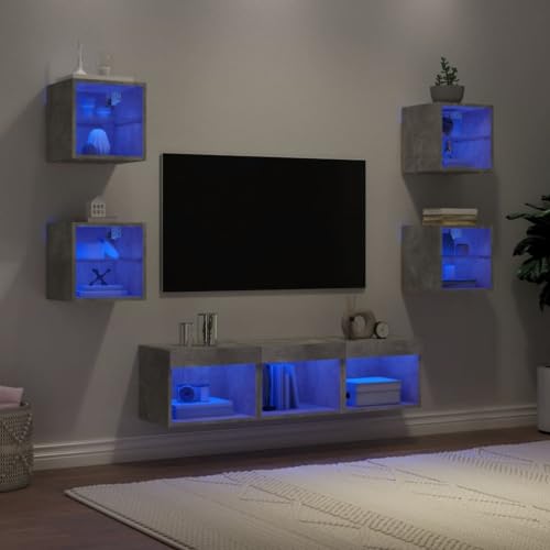 WRJENFSC 7-TLG. Wohnwand mit LED-Beleuchtung Betongrau Holzwerkstoff Tv Unterschrank Tv Sideboard Wohnzimmer Tv Schrank Fernsehschrank für Wohnstube Inneres Flur Schlafzimmer von WRJENFSC