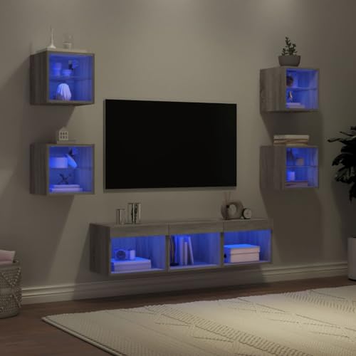 WRJENFSC 7-TLG. Wohnwand mit LED-Beleuchtung Grau Sonoma Holzwerkstoff Tv Unterschrank Tv Sideboard Wohnzimmer Tv Schrank Fernsehschrank für Wohnstube Inneres Flur Schlafzimmer von WRJENFSC