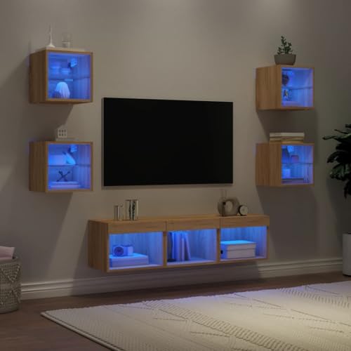 WRJENFSC 7-TLG. Wohnwand mit LED-Beleuchtung Sonoma-Eiche Holzwerkstoff Tv Unterschrank Tv Sideboard Wohnzimmer Tv Schrank Fernsehschrank für Wohnstube Inneres Flur Schlafzimmer von WRJENFSC