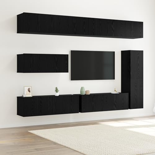 WRJENFSC 7-teiliger TV Schrank Set Wandmontiert Sideboard in Schwarz Eiche Holzwerkstoff mit 7 Türen Modernes Design für Wohnzimmer von WRJENFSC
