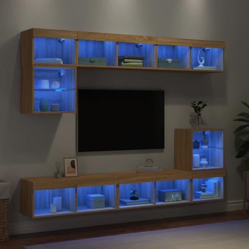 WRJENFSC 8-TLG. Wohnwand mit LED-Beleuchtung Sonoma-Eiche Holzwerkstoff Tv Tisch Couchtisch Fernsehschrank Tv Bank für Flur Wohnstube Inneres Schlafzimmer von WRJENFSC