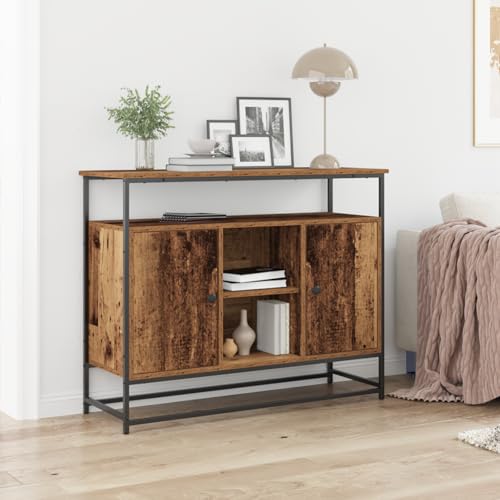 WRJENFSC Altholz Sideboard 100x35x80 cm Industrie-Design mit 2 Türen und Regalen, Braun-Mattes Buffet für Esszimmer Küche und Flur von WRJENFSC