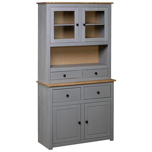 WRJENFSC Anrichte Grau Natur 93x40,5x180 cm Massiv Kiefernholz Buffetschrank mit 4 Schubladen 2 Türen 2 Glastüren Rustikales Design für Wohnzimmer Küche Flur von WRJENFSC